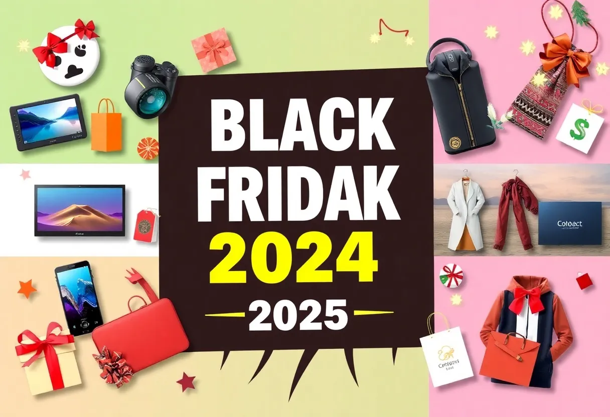 Promotional graphic for Black Friday 2025 showcasing diverse shopping items