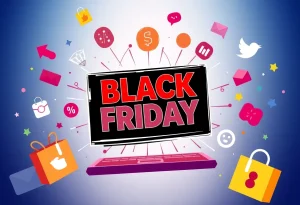 Graphic illustrating Black Friday 2025 shopping trends with online and social media influences