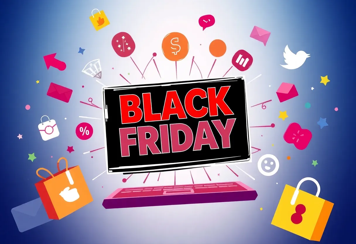 Graphic illustrating Black Friday 2025 shopping trends with online and social media influences