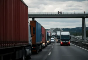 Traffic backups at Blue Water Bridge with trucks waiting to cross