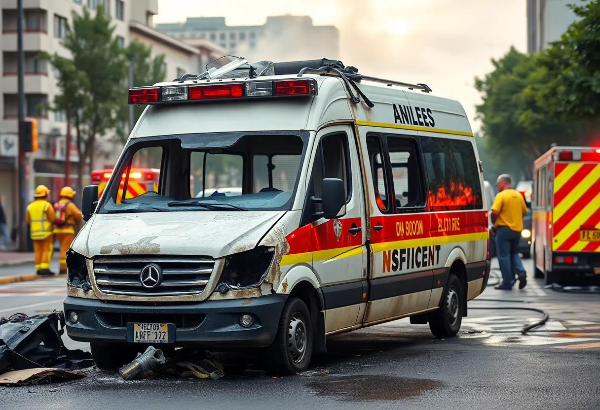 Burned ambulance after a theft incident in Michigan