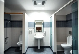Interior of a co-ed bathroom at renovated Campbell Hall with private stalls and shared sink area