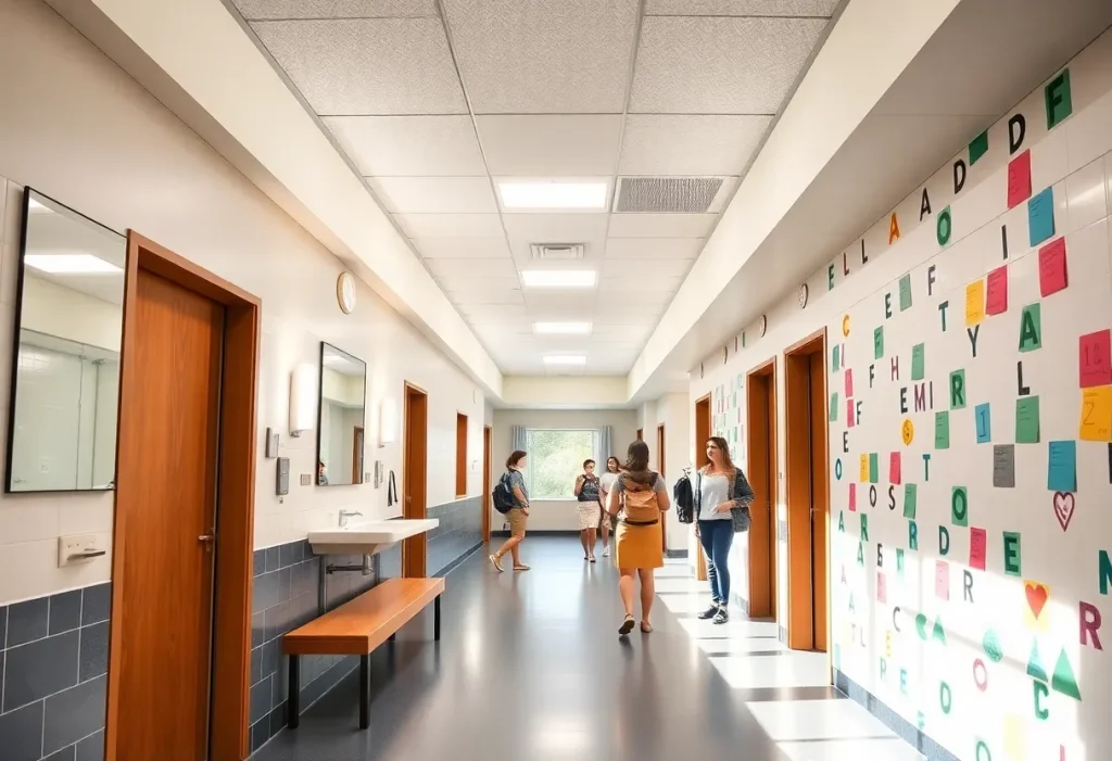 Common area in Campbell Hall showcasing co-ed community bathrooms