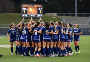 Catholic Central soccer team celebrating their victory over Novi
