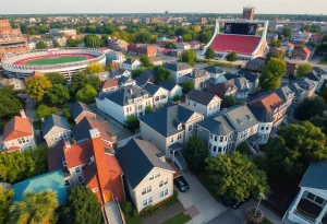 A lively college neighborhood during game day with historic homes