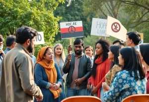 Diverse community members discussing the ceasefire agreement.