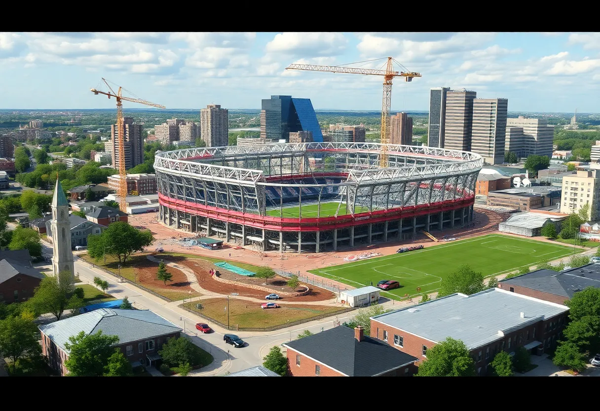 Construction of a new soccer stadium in Corktown with home repair initiatives in the foreground.