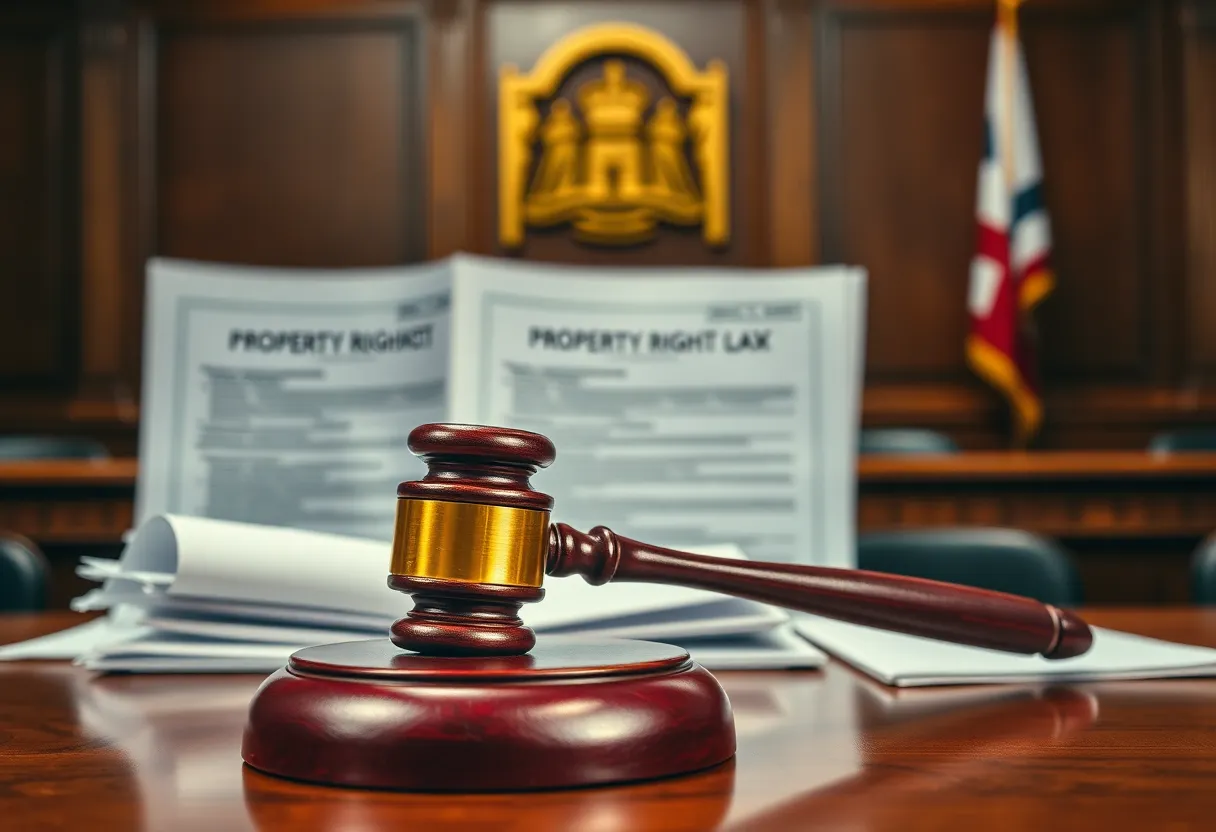 Courtroom setting with legal documents and gavel representing tax foreclosure case.