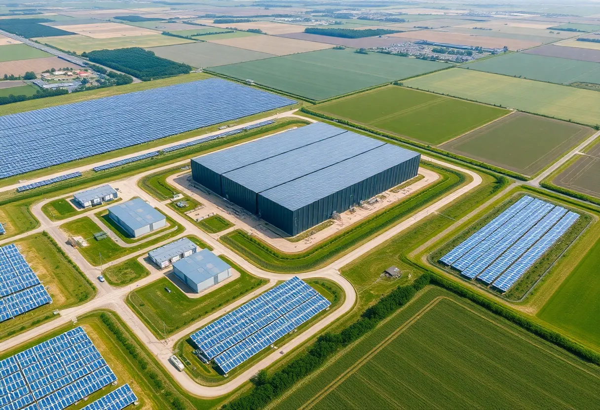 Aerial view of a data center surrounded by solar farms in Southeast Michigan.