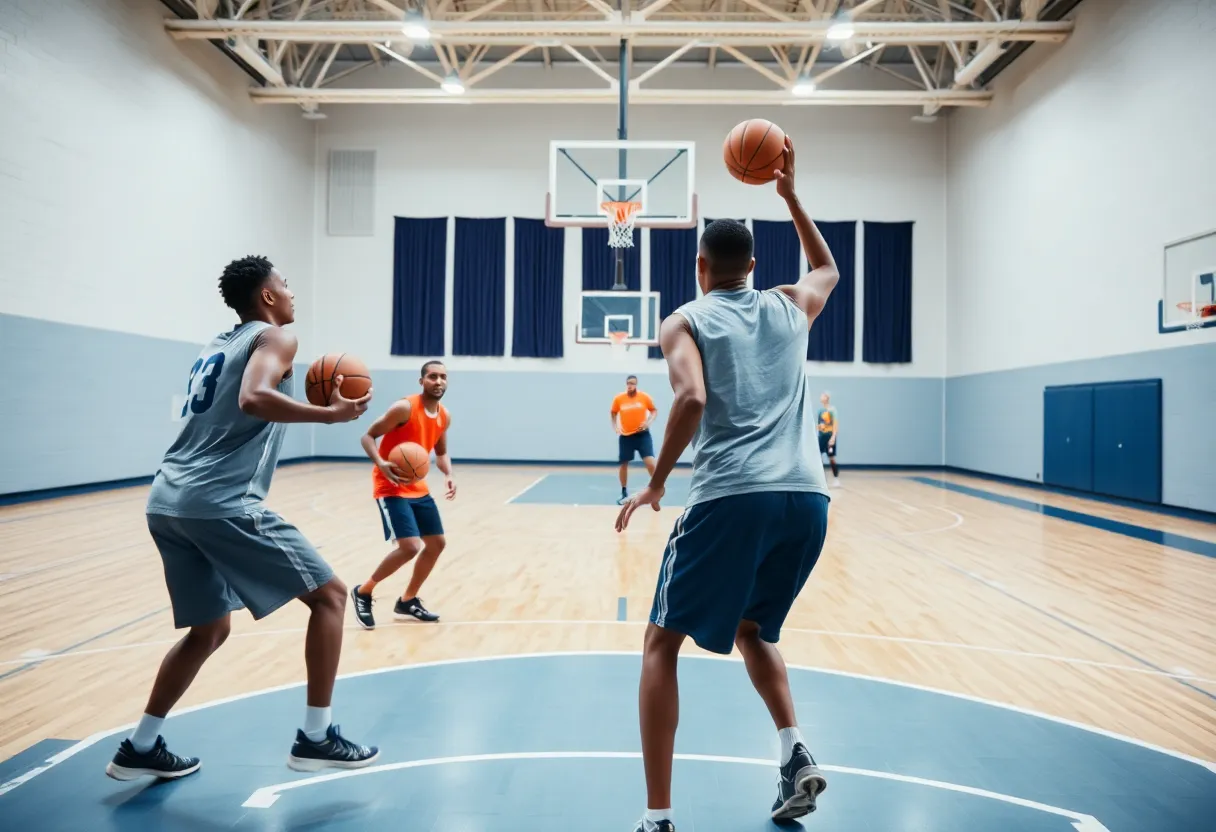 Basketball players practicing on a court