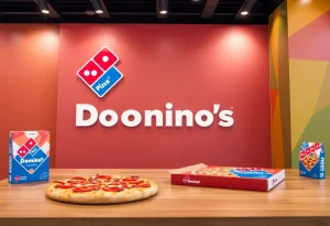 New branding of Domino's Pizza with updated logo and packaging