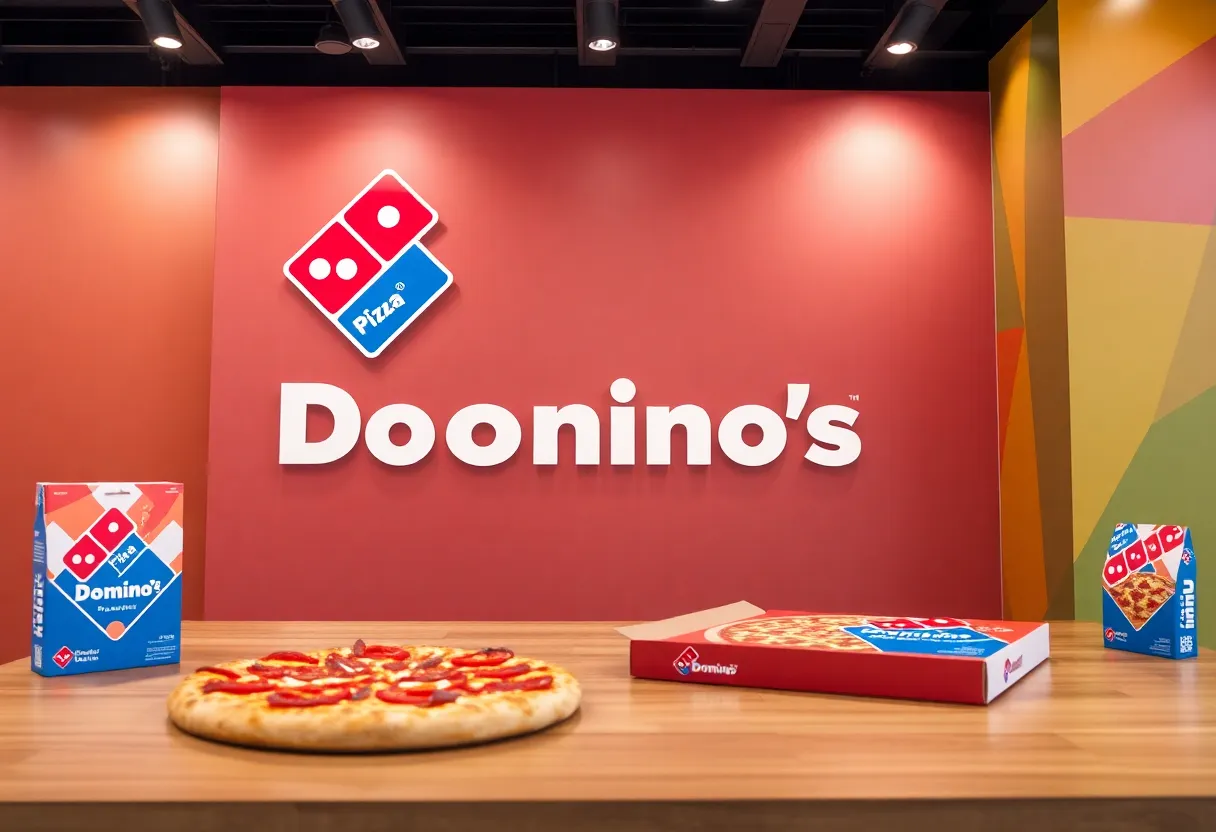 New branding of Domino's Pizza with updated logo and packaging