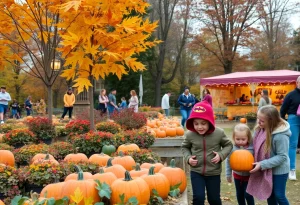 Families enjoying fall festivities in Detroit with pumpkins and autumn colors.