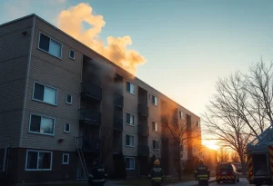 Firefighters battling a fire at Farmington Plaza Apartments