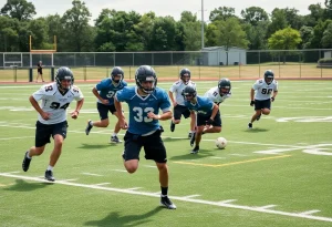 Athletes training on a football field showcasing speed and teamwork.