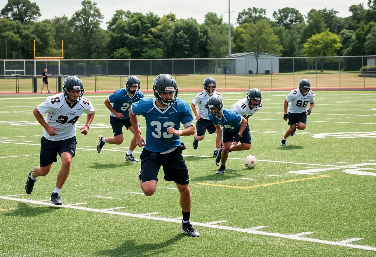 Athletes training on a football field showcasing speed and teamwork.