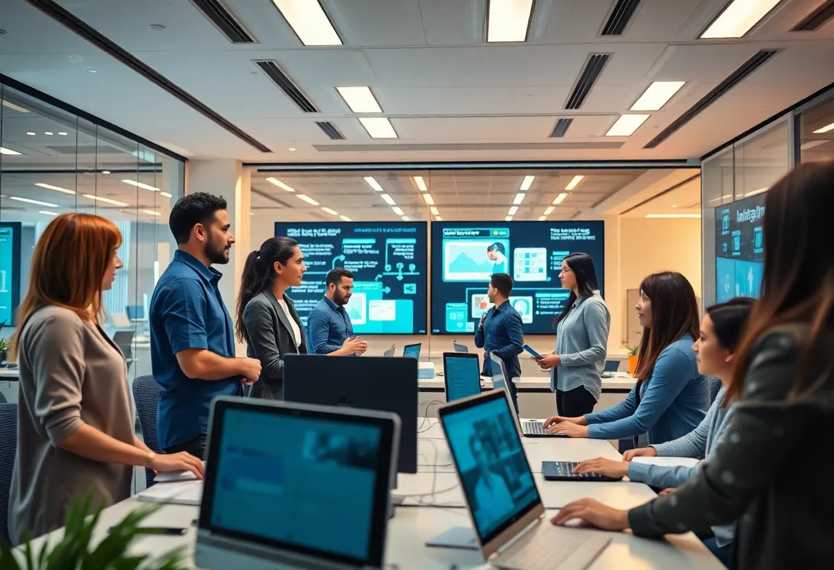 A diverse team collaborating in a modern marketing agency office environment.
