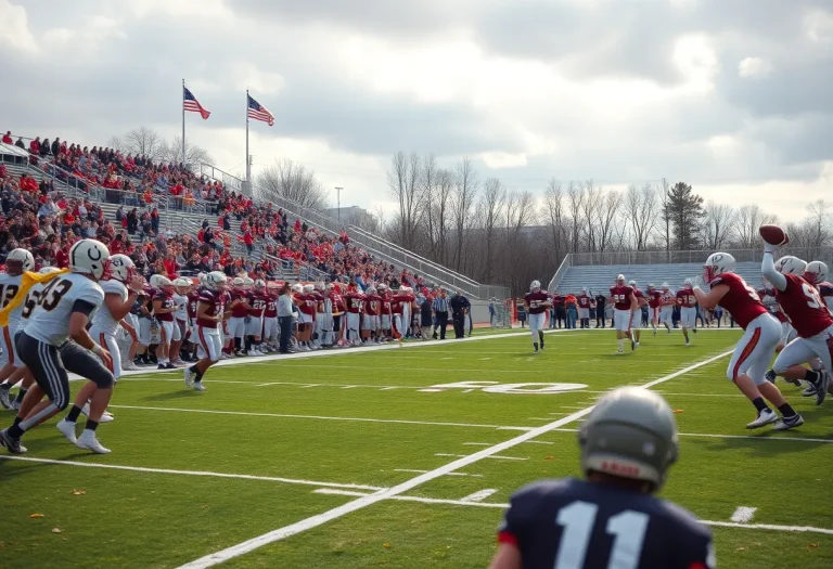 Players competing in a high school football playoff game with fans cheering.