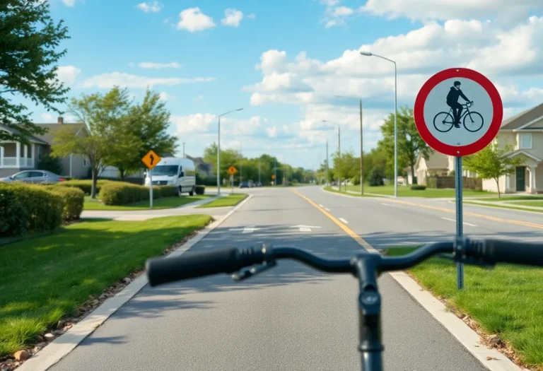 Road depicting a safe biking environment with bike lanes and traffic signs