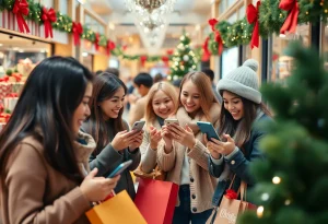 Diverse shoppers engaging with holiday products and social media