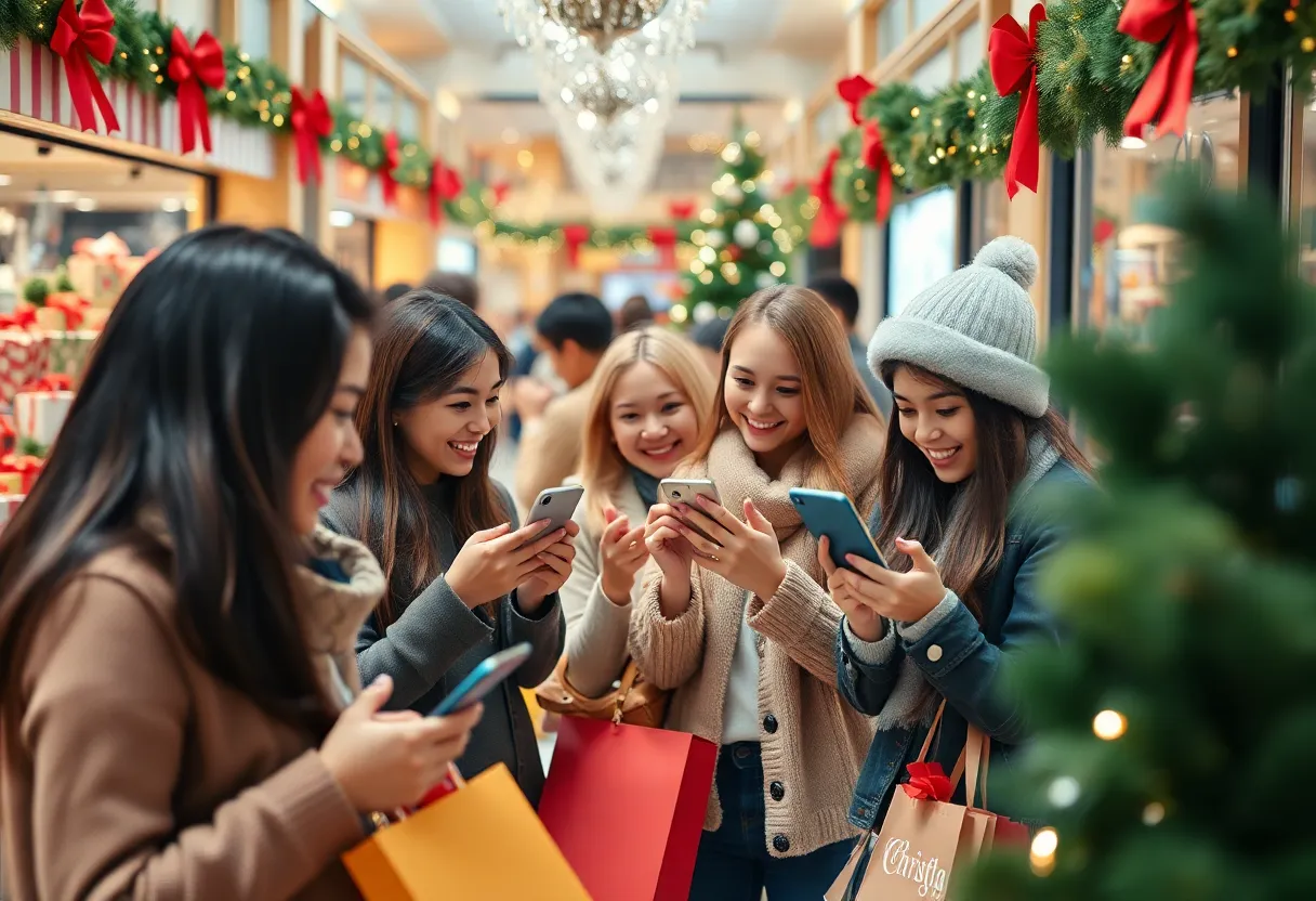 Diverse shoppers engaging with holiday products and social media