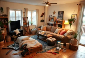 Various home repair tools and projects displayed in a cozy home setting.