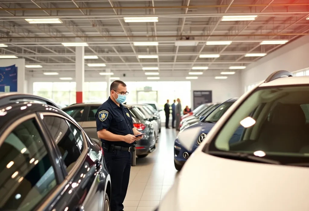 Auto dealership in Michigan with customers and security measures in place