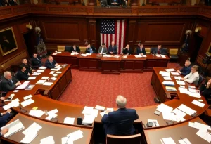 Legislators in Michigan discuss budget bills in Capitol building