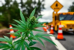 Cannabis plant with road construction background