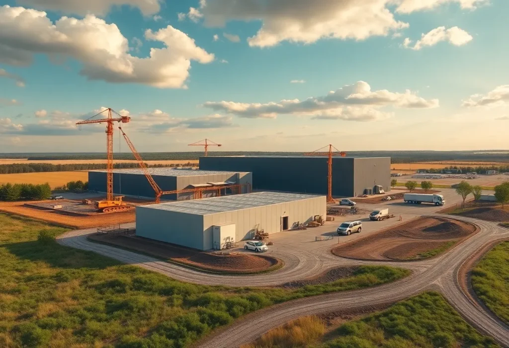 Illustration of a Michigan electric vehicle battery plant in a natural landscape.