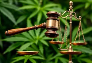 A gavel and justice scale with cannabis leaves