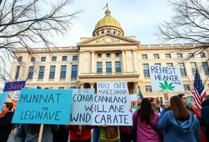 Protesters outside Michigan Senate Building opposing marijuana tax