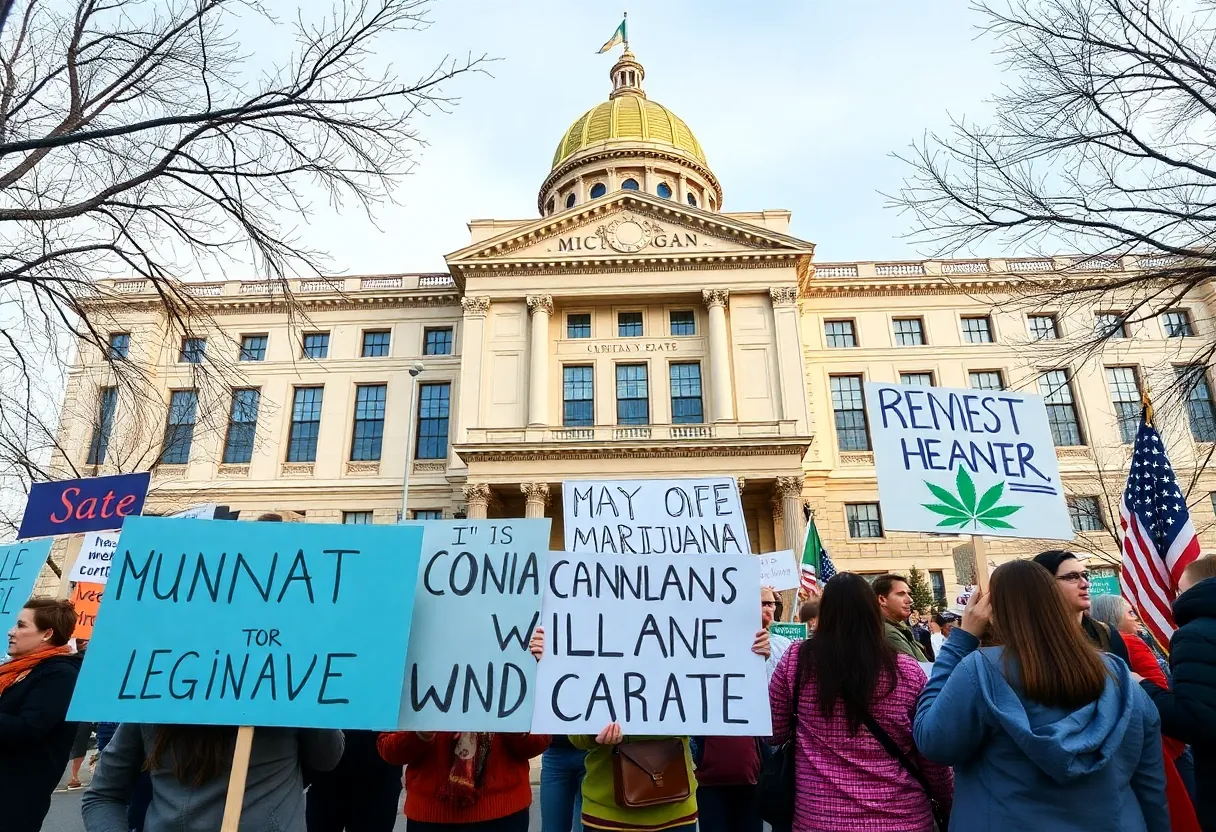 Protesters outside Michigan Senate Building opposing marijuana tax