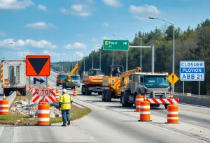 Construction workers on a Michigan highway managing road construction.