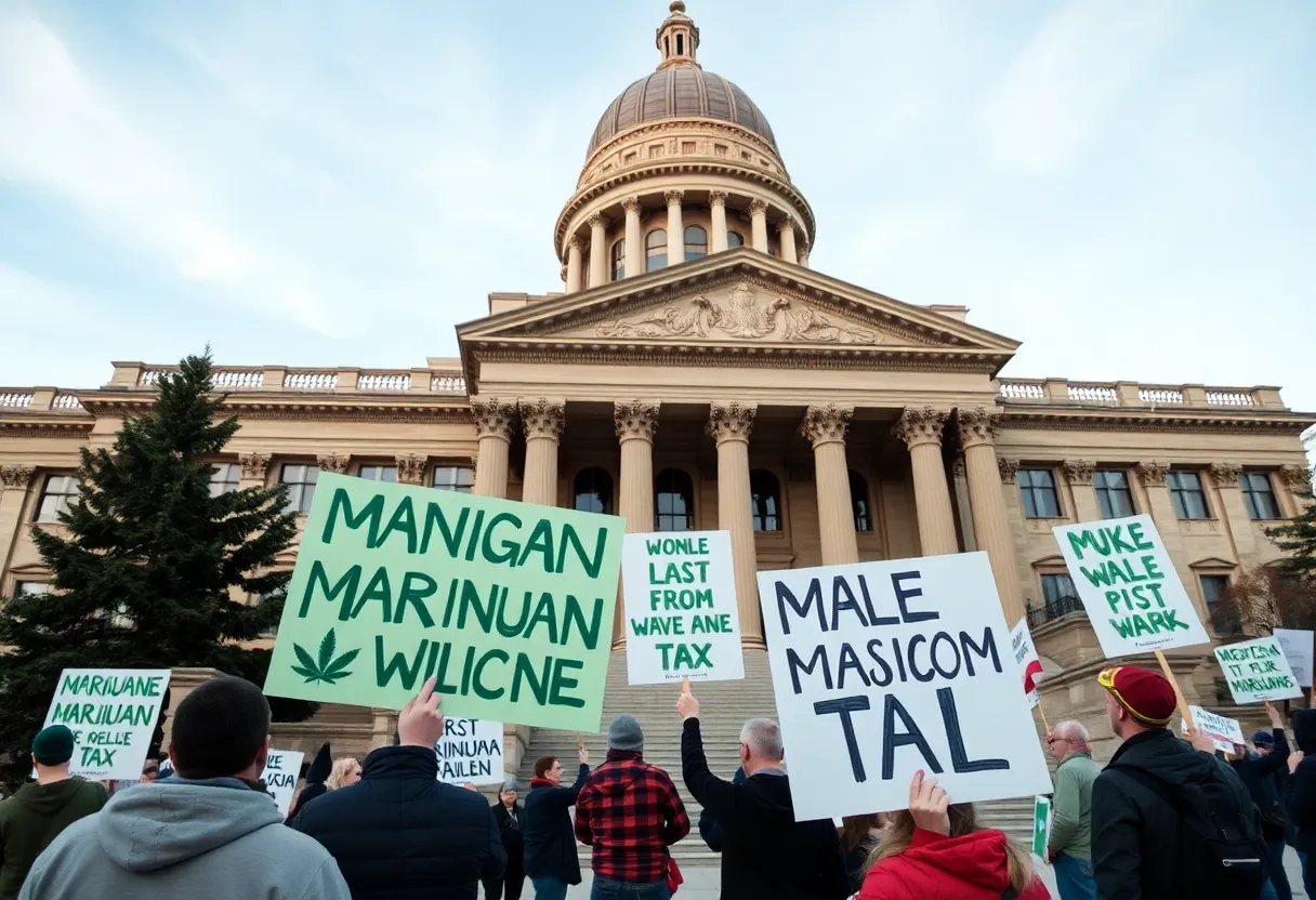 Protesters outside Michigan state Capitol regarding marijuana tax