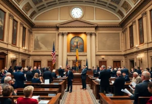 Exterior view of the Michigan State Capitol building during a busy legislative session.