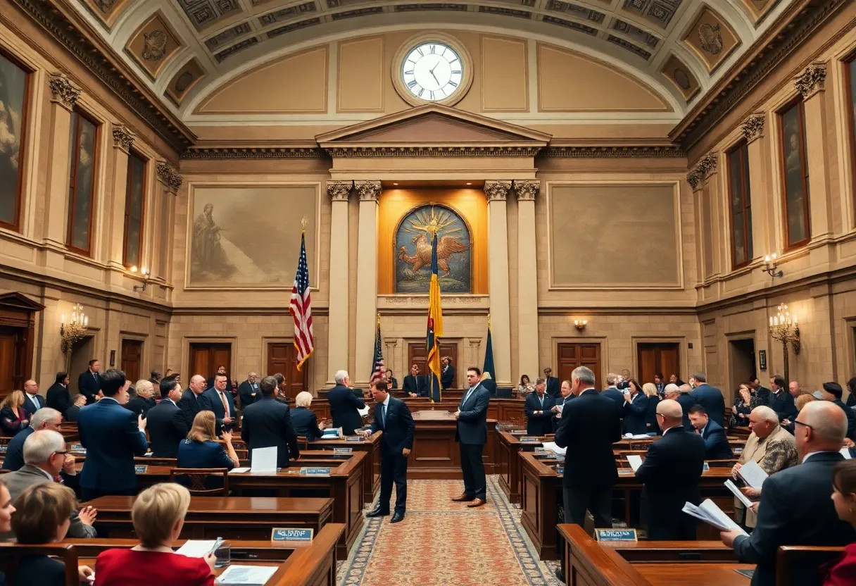 Exterior view of the Michigan State Capitol building during a busy legislative session.