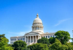 Michigan State Capitol building surrounded by greenery