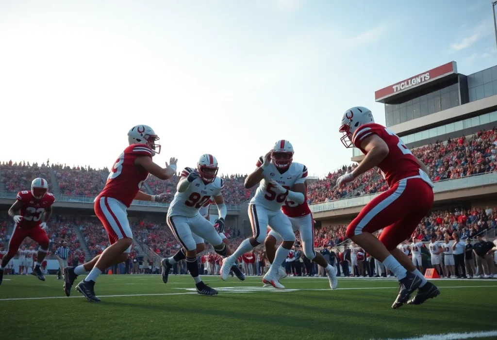 Action shot from a college football game with players on the field.