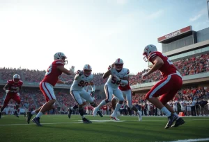 Action shot from a college football game with players on the field.