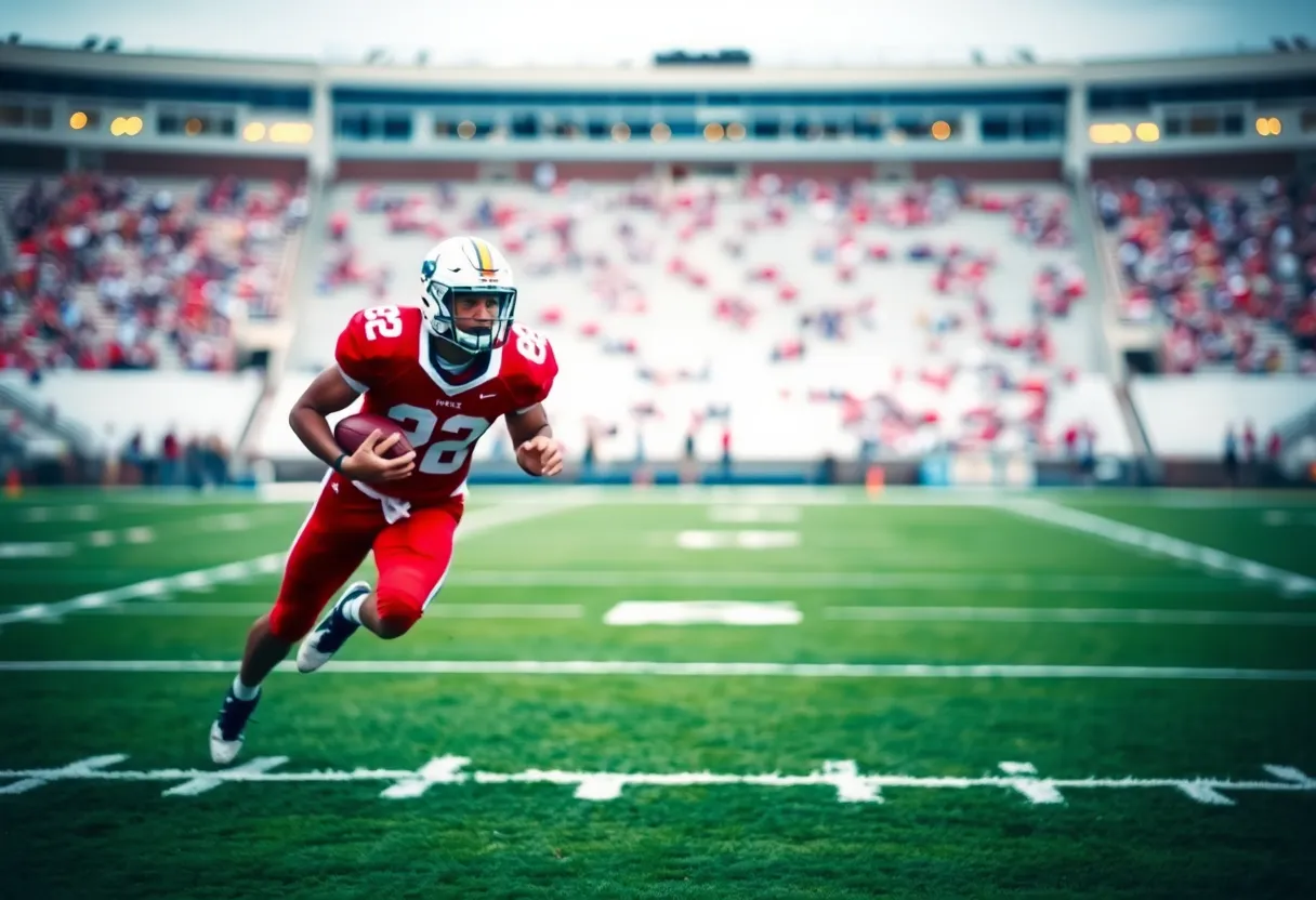 College football player running on the field