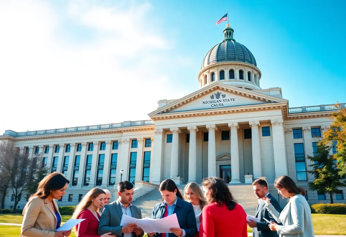 Michigan state government building with community discussions