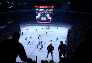 Players celebrating a hockey victory on the ice