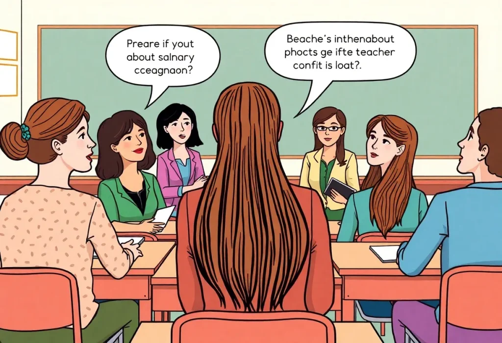 Teachers discussing salary issues in a classroom.