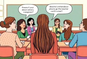 Teachers discussing salary issues in a classroom.
