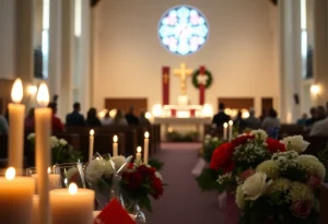 Memorial candles and flowers for shooting victims at a church