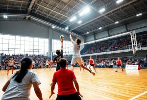 Players in action during a volleyball match between Milford and Novi.