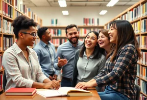 New Berlin Public Library employees engaging in a humorous marketing video.