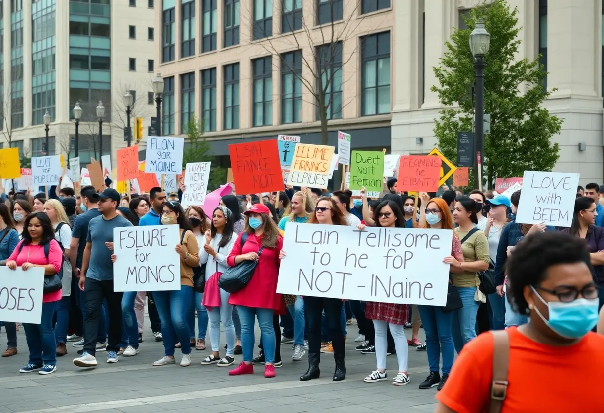 Crowd of protesters holding signs at the No Kings demonstration in Detroit.