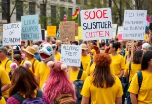 Crowd at No Kings protests wearing yellow and animal costumes